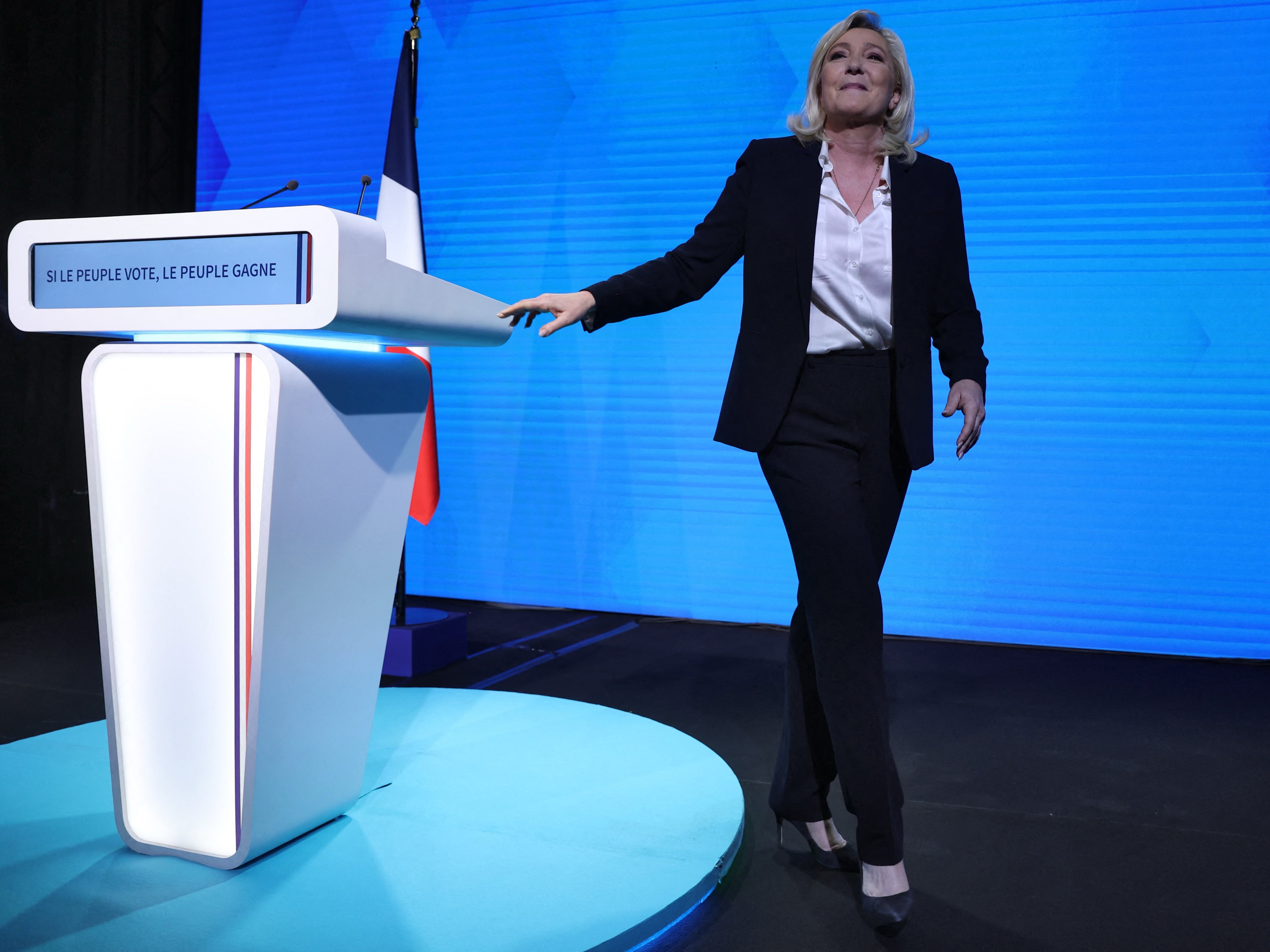Marine Le Pen addresses party supporters after the first results of the first round of the Presidential election in Paris