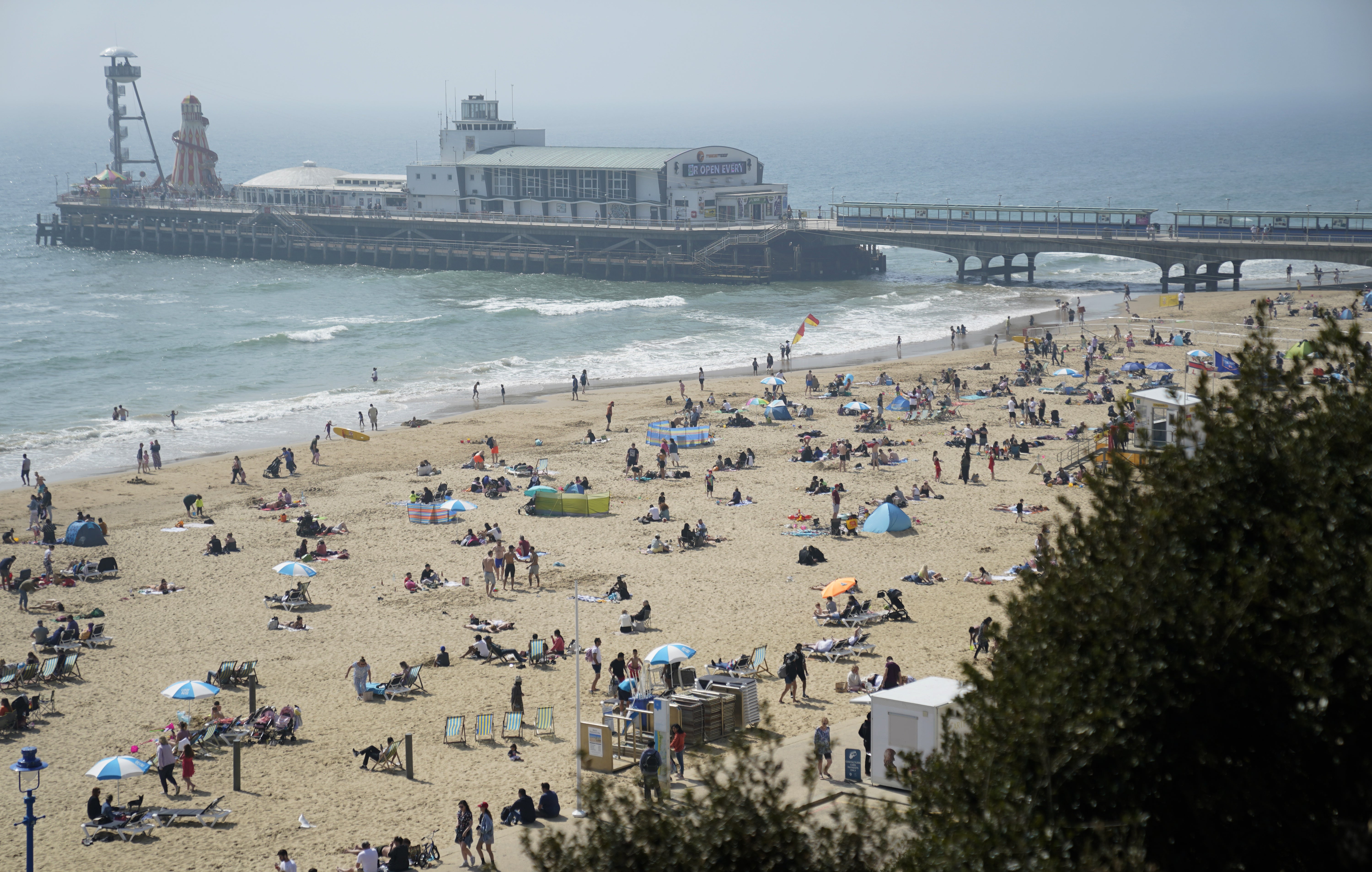 People enjoy the good weather at Bournemouth Beach in Dorset last Saturday
