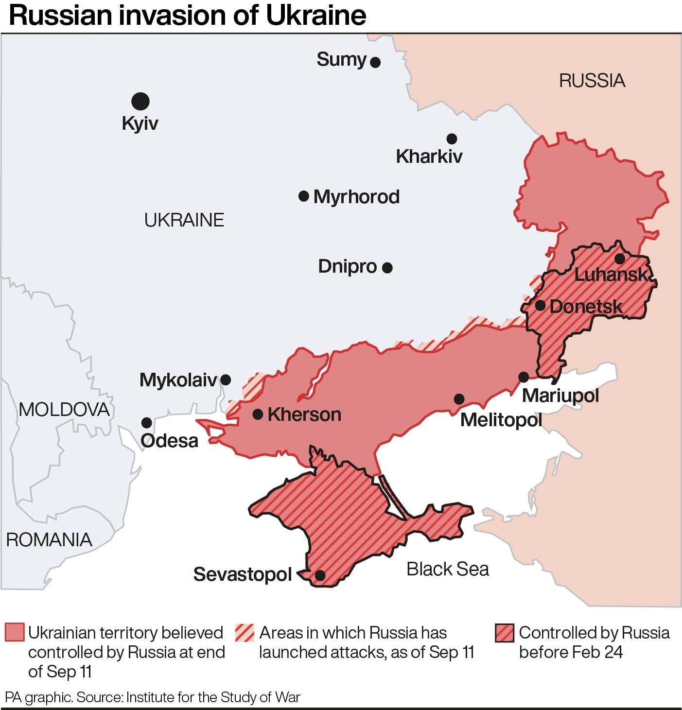 This map shows the extent of Russia’s invasion of Ukraine as of 11 September, 2022.