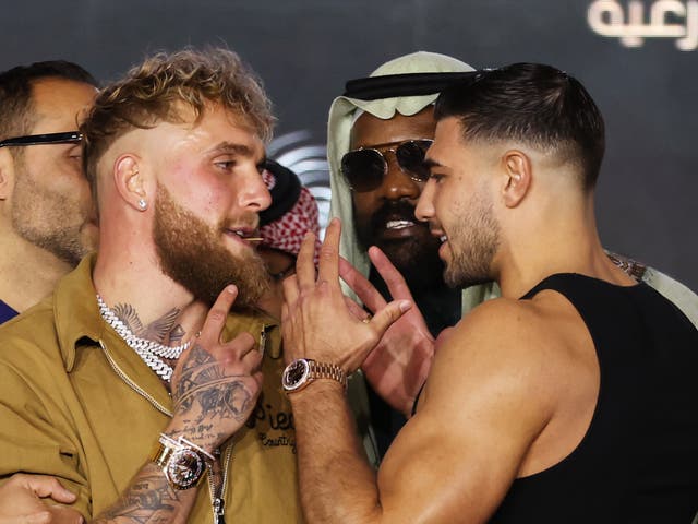 <p>Jake Paul (left) and Tommy Fury facing off before their 2023 bout</p>