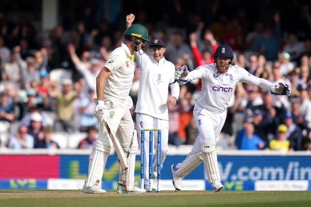 Australia captain Pat Cummins walks off after being dismissed on day five of the final Ashes Test at the Kia Oval (John Walton/PA)