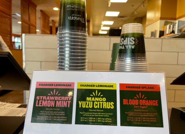 <p>Flavors of charged lemonade are displayed at a Panera Bread restaurant on November 01, 2023 in Novato, California. </p>