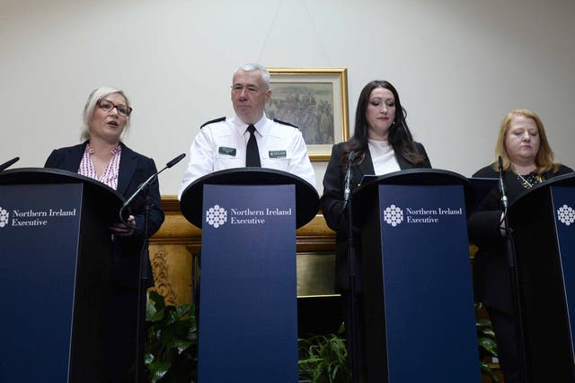 (Left to right) First Minister of Northern Ireland Michelle O’Neill, PSNI Chief Constable Jon Boucher, deputy First Minister Emma little-Pengelly and Alliance Party leader Naomi Long speaking to the media at Stormont Castle, Belfast (Mark Marlow/PA)