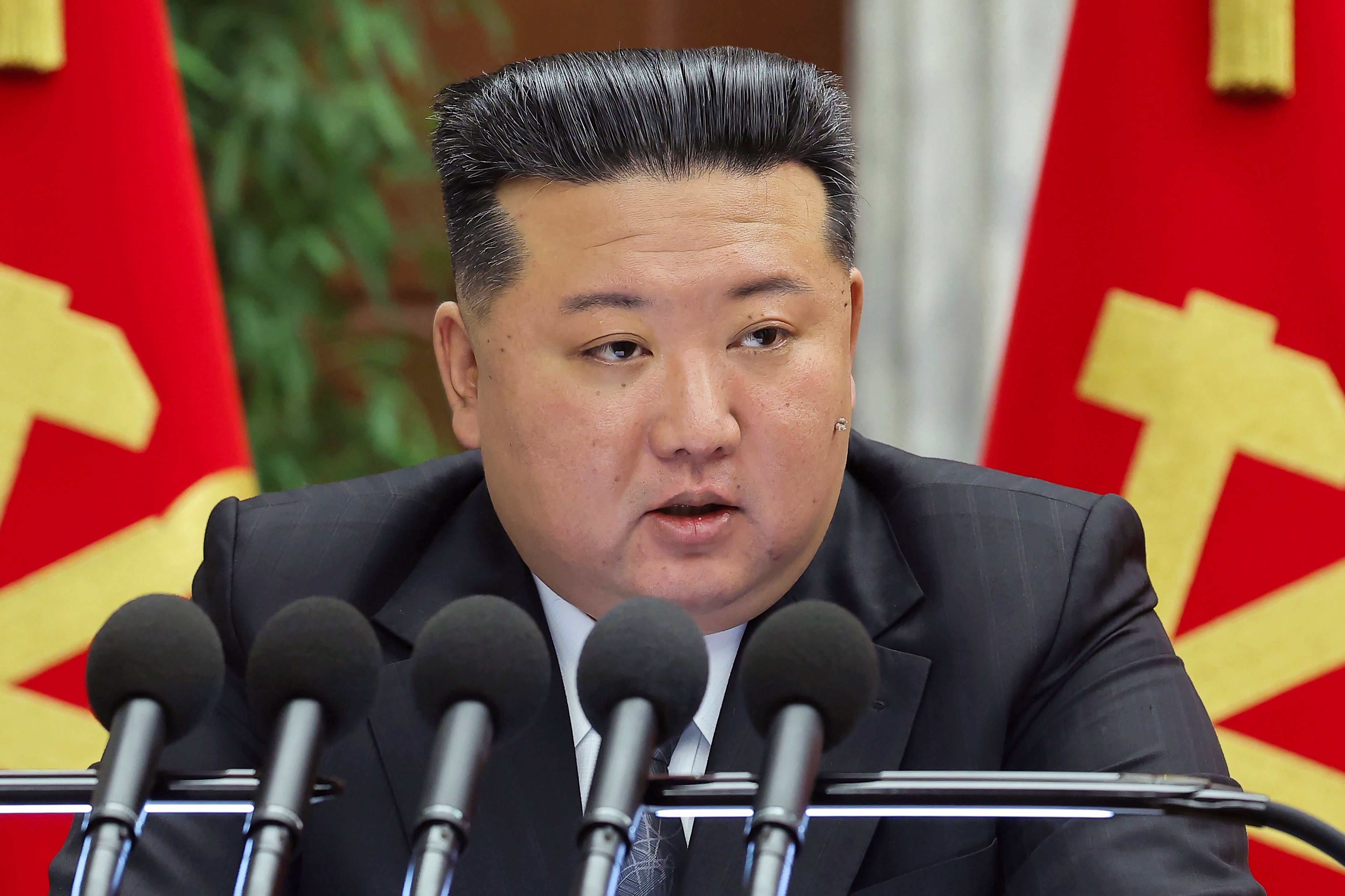 North Korean leader Kim Jong Un delivers a speech at a meeting held during Dec. 23 until Dec. 27, 2024