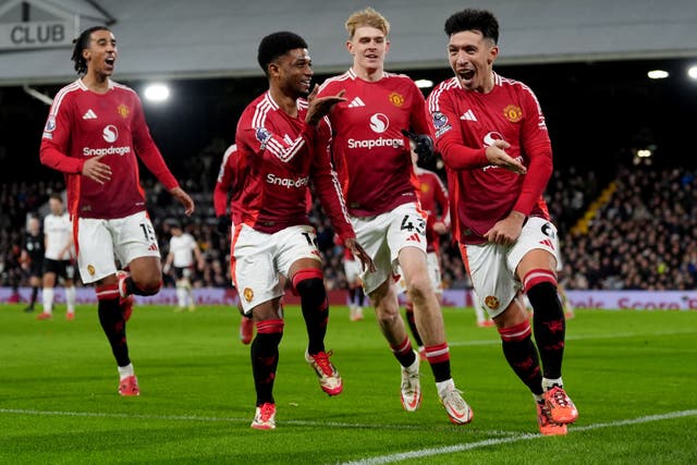 Lisandro Martinez celebrates his goal for Manchester United at Fulham (Bradley Collyer/PA)