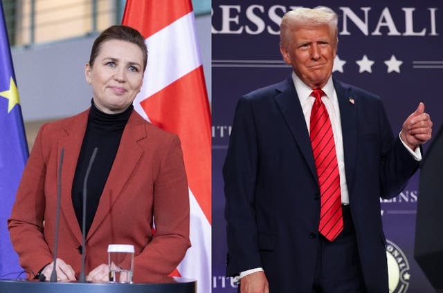 <p>Danish Prime Minister Mette Frederiksen (left) speaks to reporters. Her country is set to raise its military spending in the Arctic - while U.S. President Donald Trump talks about acquiring Greenland </p>