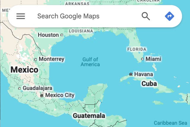 <p>This image from Google Maps viewed from a browser in New York Tuesday shows the Gulf of Mexico renamed the ‘Gulf of America’</p>