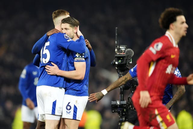 Everton’s James Tarkowski, middle, bounced back from a difficult weekend to become a Merseyside derby hero