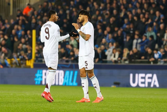Tyrone Mings, right, played a crucial role in Aston Villa’s victory on Tuesday (Geert Vanden Wijngaert/AP)