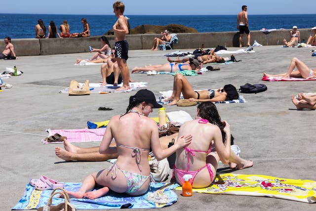 <p>A woman applies sunscreen to another at Clovelly Beach on December 14, 2023 in Sydney, Australia</p>
