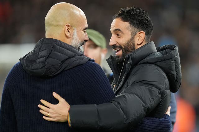 Manchester United manager Ruben Amorim (right) will be looking to overcome Pep Guardiola for the third time this season (Martin Rickett/PA)