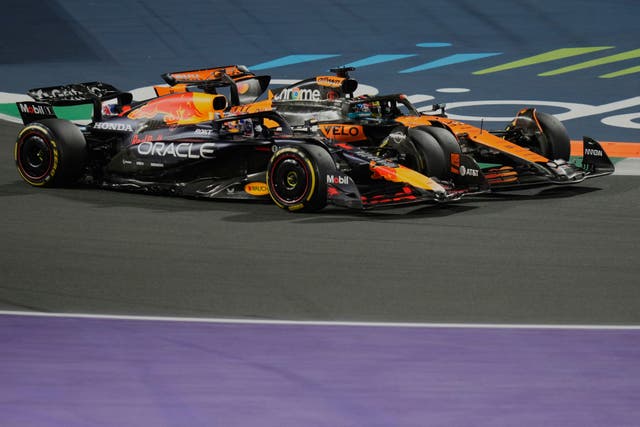 <p>Oscar Piastri and Max Verstappen went into turn one side-by-side </p>