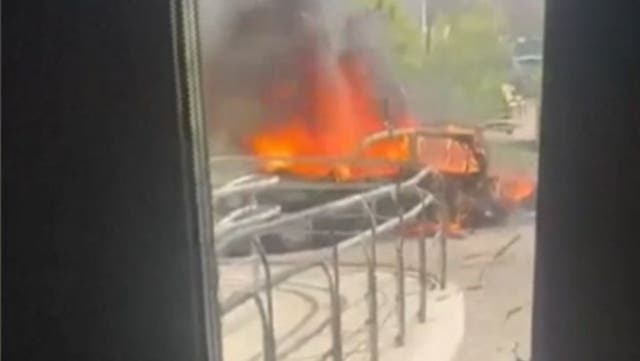 <p>Flames rage from car after top Putin general killed in Moscow bombing.</p>