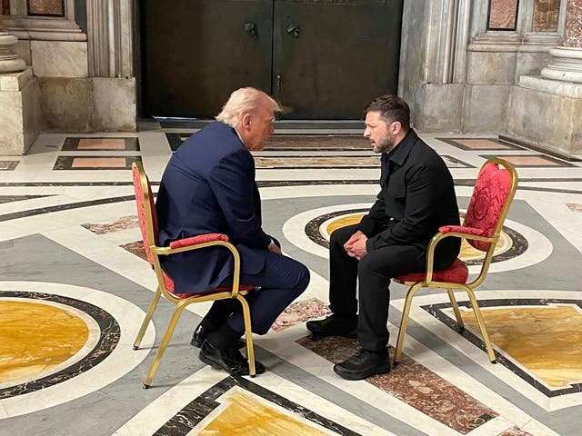 <p>Donald Trump and Volodymyr Zelensky spoke for around 15 minutes in St. Peter's Basilica before the Pope’s funeral on Saturday</p>