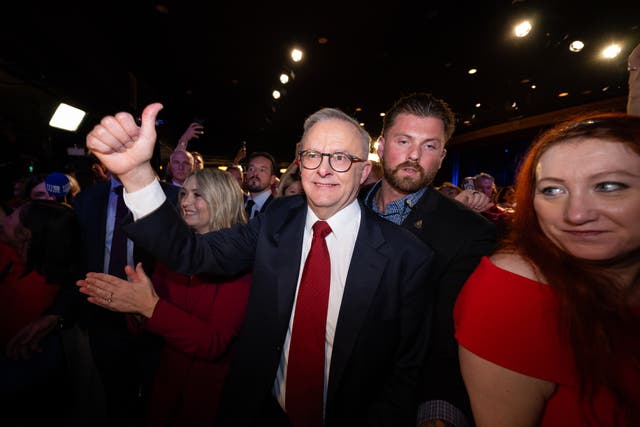 <p>Australian prime minister Anthony Albanese celebrates after his Labor Party’s election victory</p>