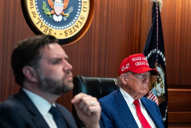 <p>A handout photo made available by the White House shows US President Donald Trump and US Vice President JD Vance (L) in the Situation Room of the White House in Washington, DC, USA, 21 June 2025</p>