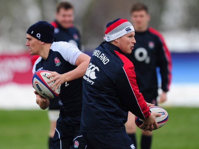 England fly half Toby Flood (left) and Dylan Hartley in action during England training 