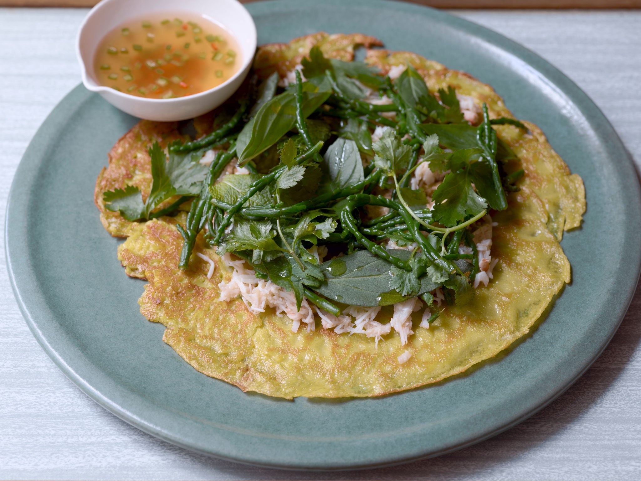 Vietnamese crêpes with crab and samphire