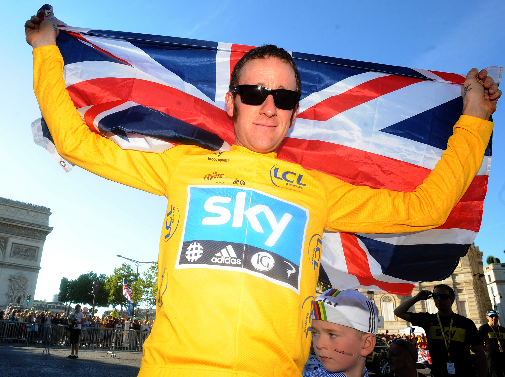 Bradley Wiggins celebrating his 2012 Tour de France win