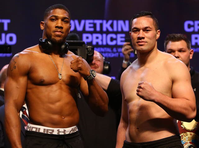 <p>Anthony Joshua (left) and Joseph Parker ahead of their 2018 fight</p>