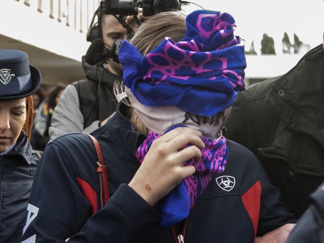 The woman arrives at court in Paralimni yesterday 